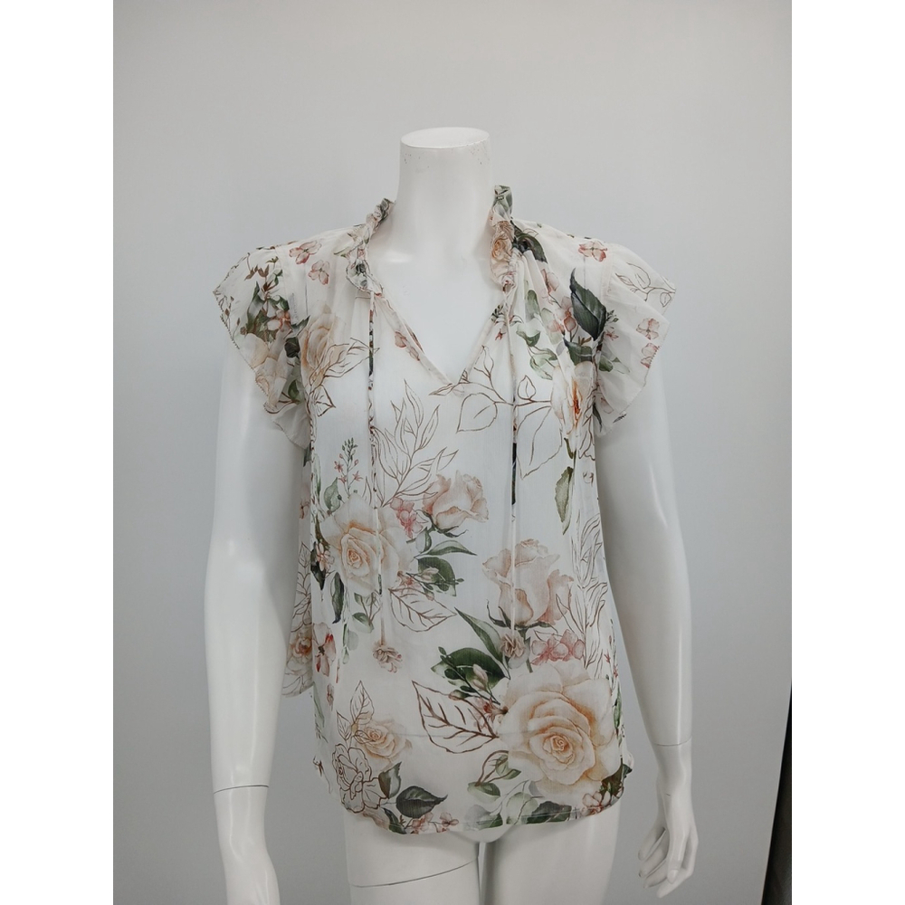 Rachel Zoe Womens Floral Top Size M Sheer Ruffle Flutter Sleeve Romantic Peasant